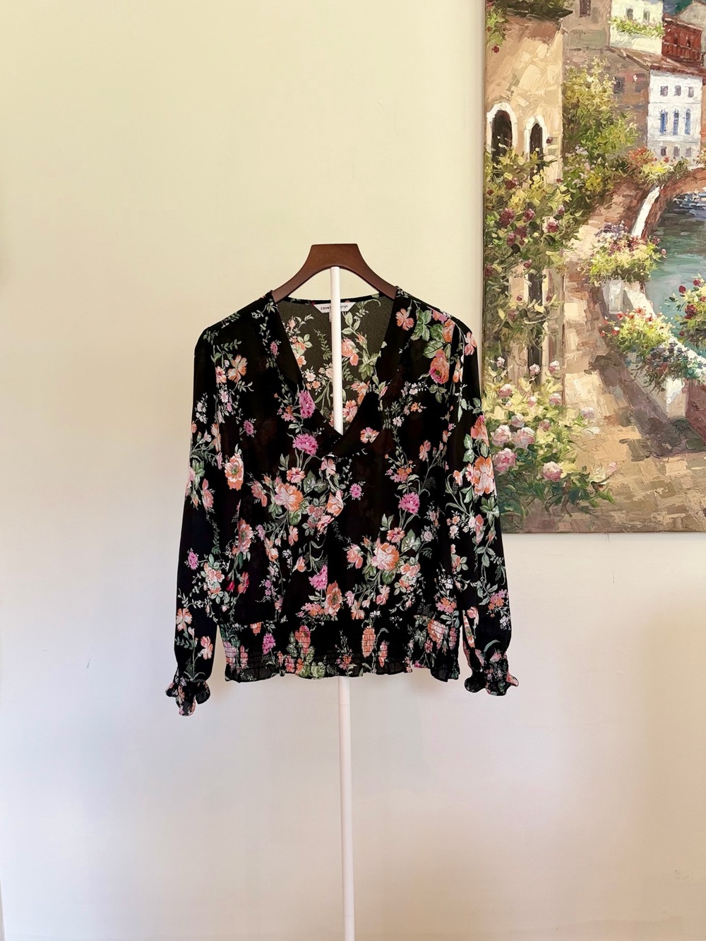 Counterparts Black Floral Faux Wrap Blouse Smocked Waist Long Sleeve Large